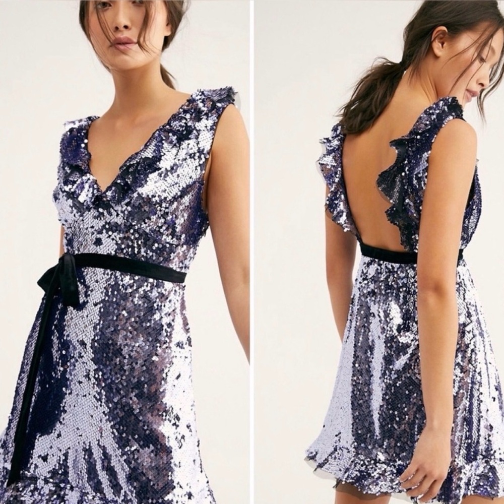 Free People Party Siren Sequin Embellished Ruffle Velvet Cocktail Mini Dress NWT